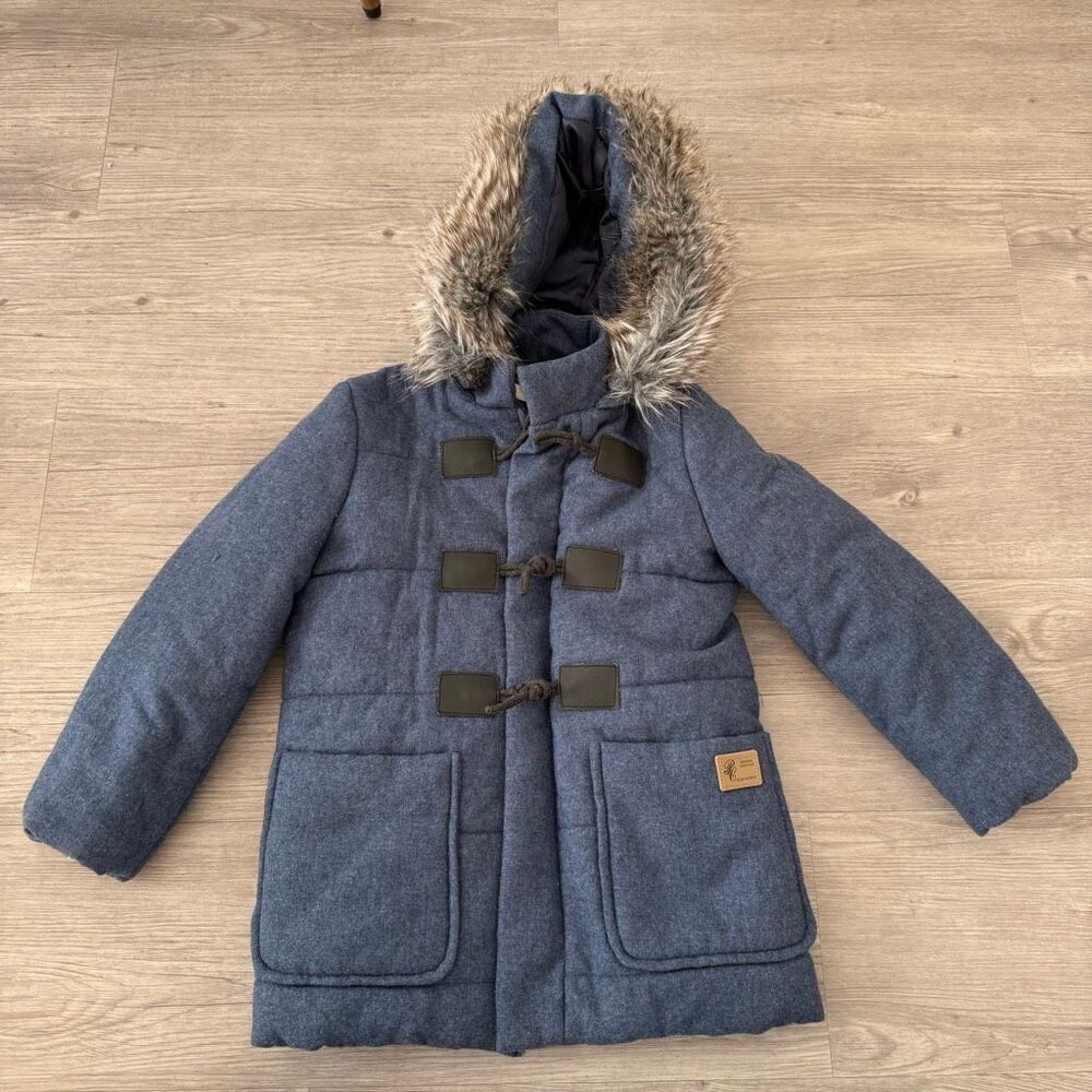 Pili Carrera Wool Jacket with Hood Faux Fur Boys Size 5 in Blue